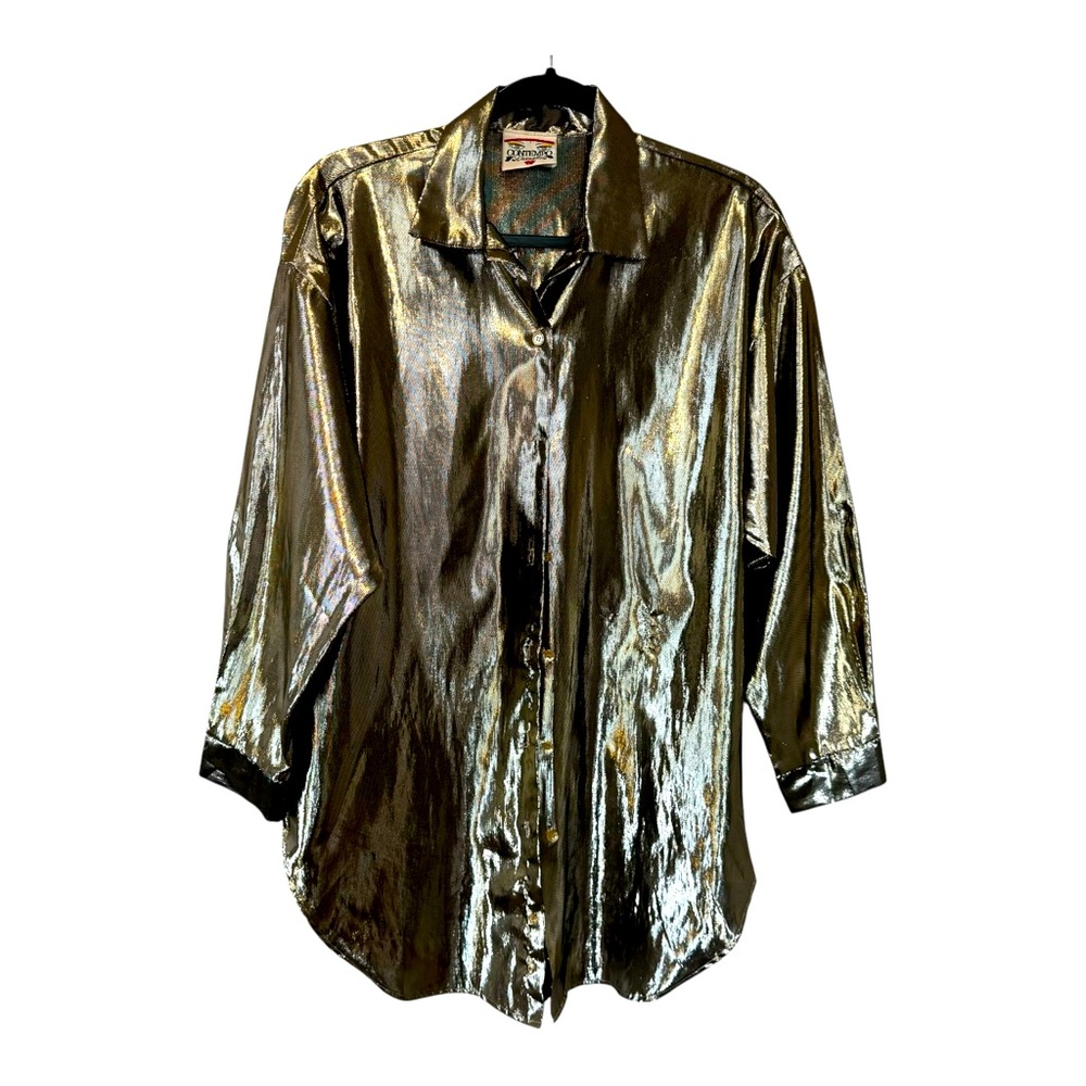 RETRO VINTAGE CONTEMPO CASUALS GOLD METALLIC LONG-SLEEVE OVERSIZED BUTTONED N sz